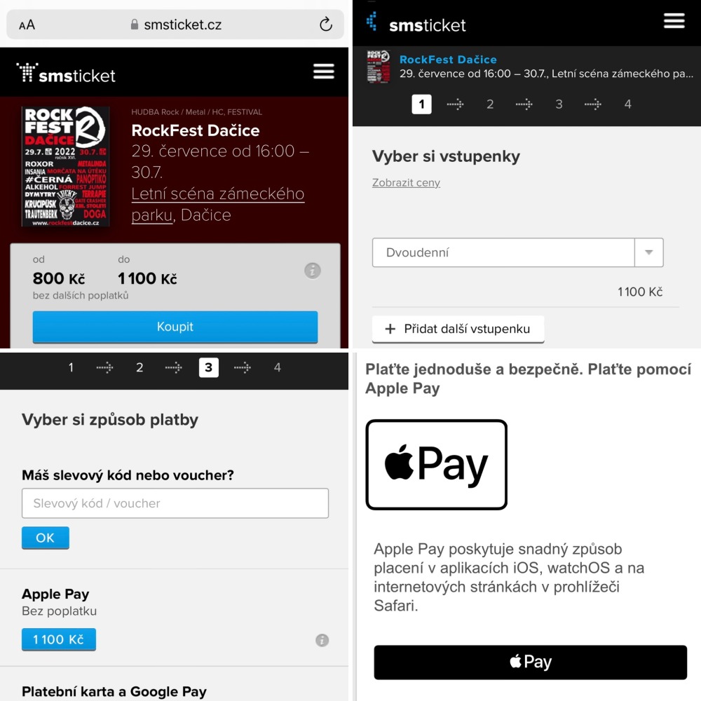 Obrázek ukazuje proces nákupu vstupenky na portálu smsticket a platbu přes Apple Pay