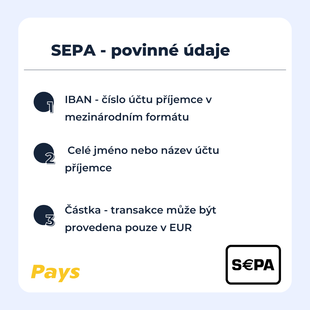 Na obrázku jsou uvedeny povinné údaje, které jsou potřeba pro provedení SEPA platby – IBAN, celé jméno nebo název účtu příjemce a částka